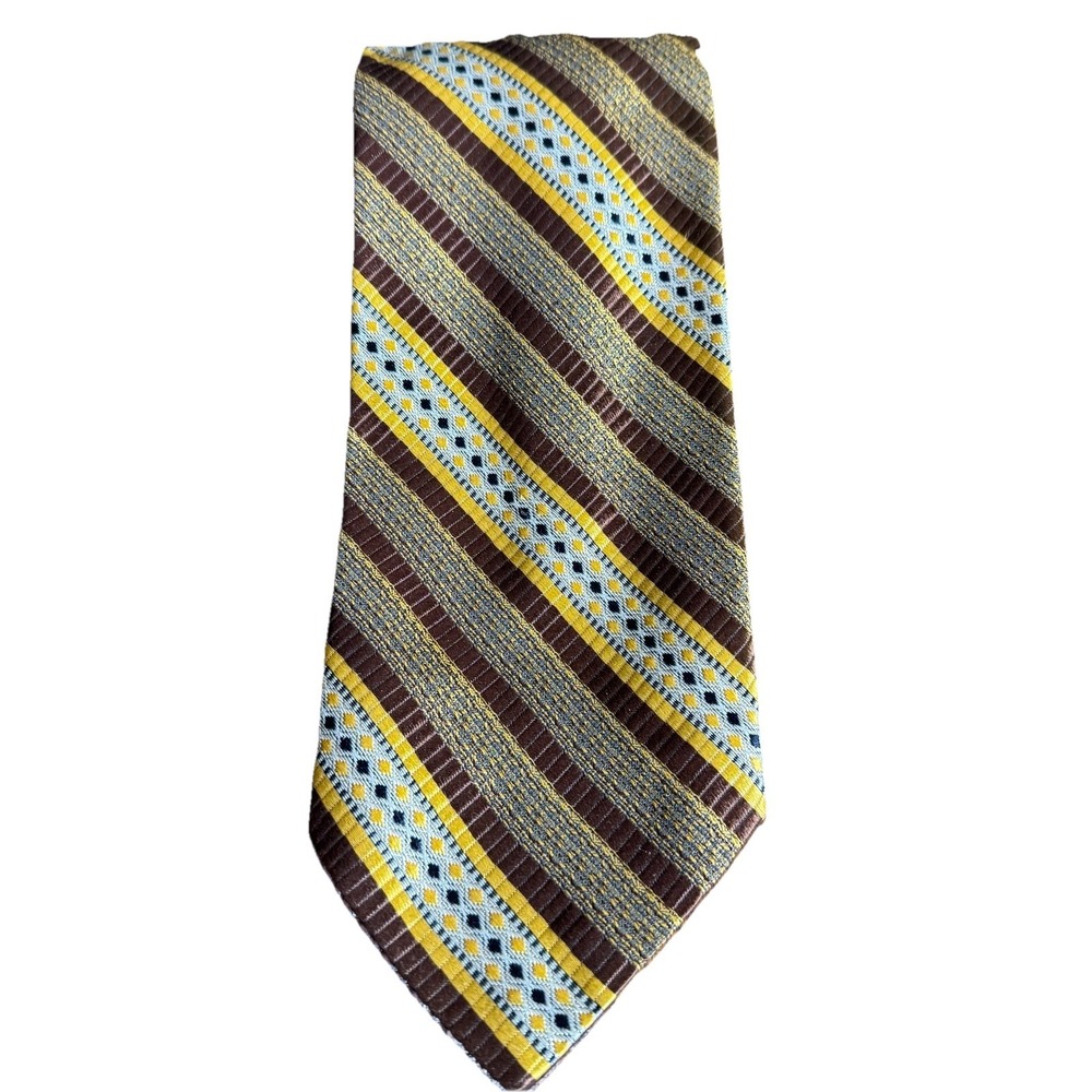 VTG Christian Dior All Silk Neck Tie‎ Gold,Brown,White & Black Striped Geometric